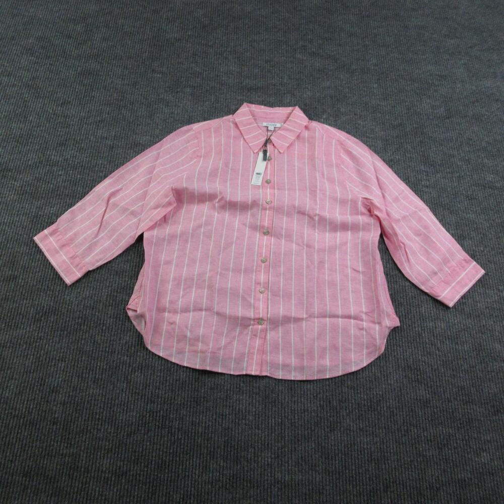 Chico's Shirt Womens 14 Pink Linen Tunic 3/4 Sleeve Collared Button-Up NWT